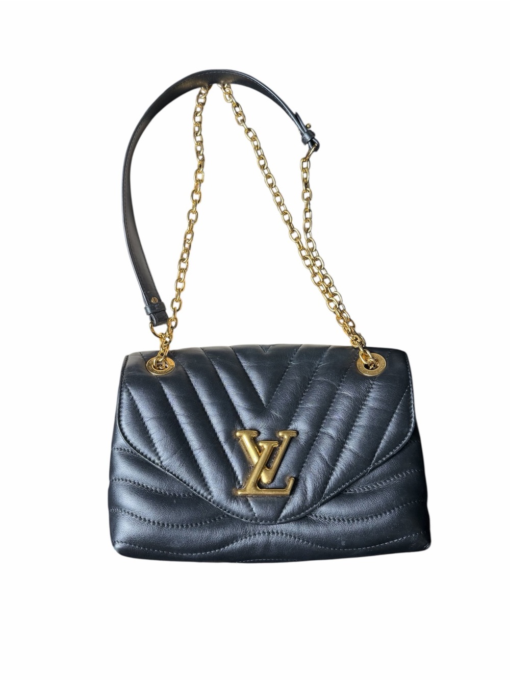 Louis Vuitton Black Quilted Chevron Shoulder Bag with Gold Chain and LV Emblem